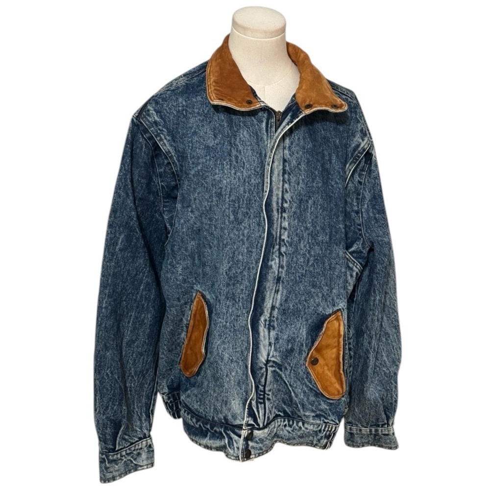 Vintage Denim Leather Bomber Jean Jacket Mens L LT Acid Wash Oversized Xceptions